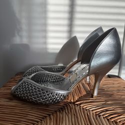 Gianni Bini Silver D'Orsay Woven Peep-Toe Heels size 7
