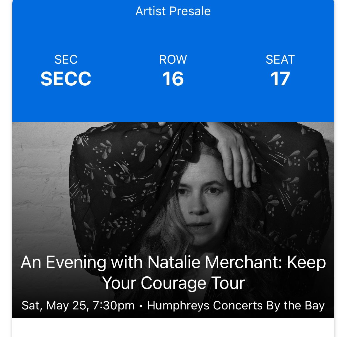 Natalie Merchant Concert Tickets Humphreys 5/25 