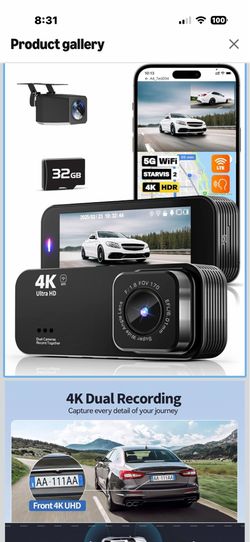 Brand New Dash Camera for Cars, 4K Dash Cam Front and Rear with 5G WiFi, Free Card Included, Loop Recording, Night Vision, 170°Wide Angle, G-Sensor, 2