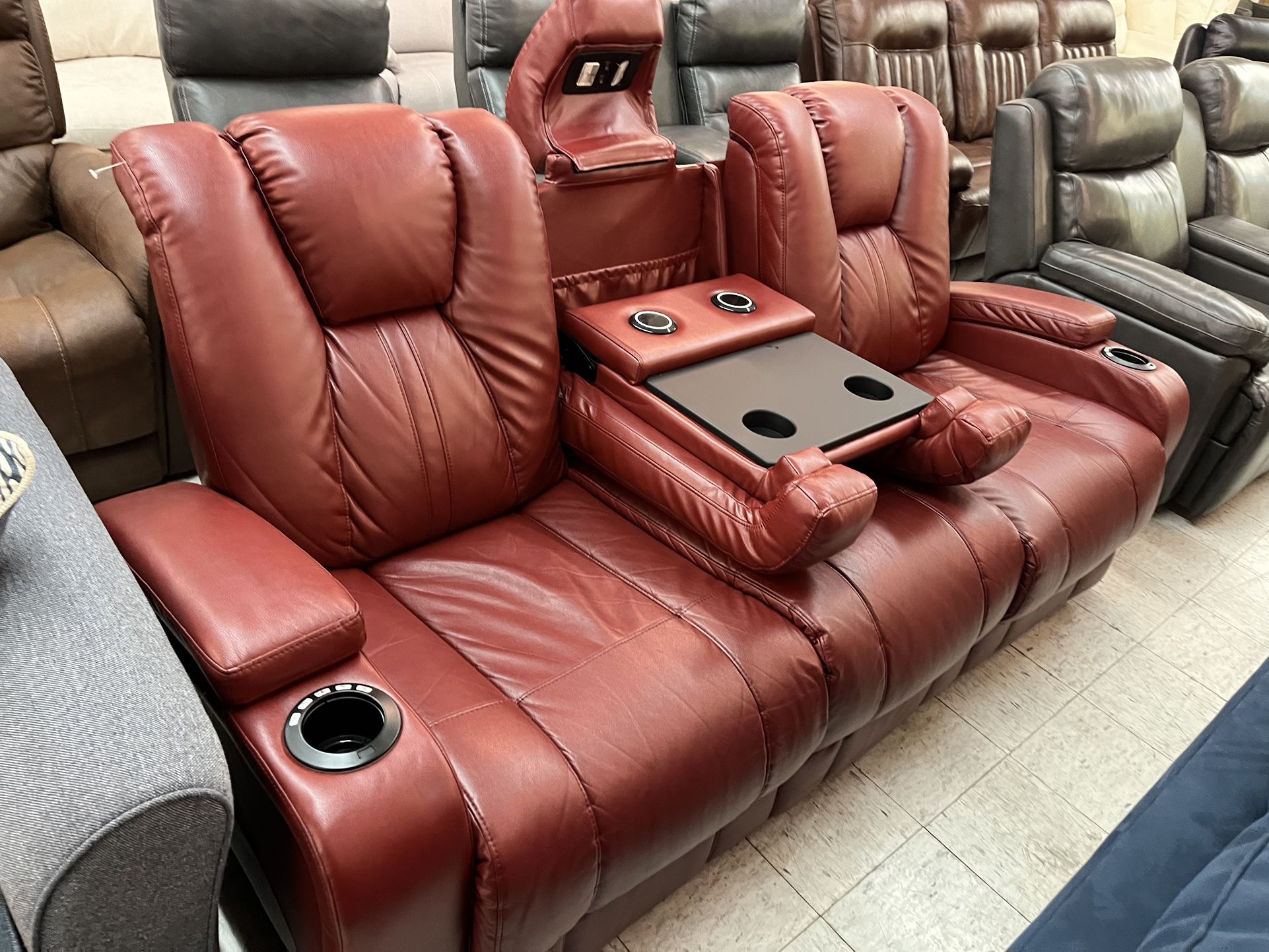 Red Top Grain Leather Dual Power Recliner Sofa With Drop Down Console - We Deliver & Finance 
