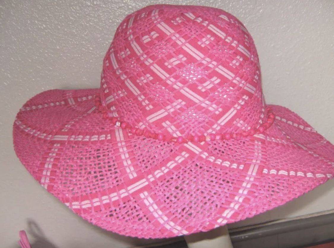 Ladies Woven Ribbon Beaded Floppy Wide Brim Straw Beach Sun HAT Pink