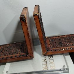 ANTIQUE - MC WOODEN - LEATHER - BRASS BOOKENDS 7.5"×7.5"×4.5" - S100