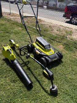 RYOBI 40V 3-Piece Kit: 18-Inch Push Mower, Blower, and Trimmer — (1) 6.0 Ah Battery (Charger Not Included)