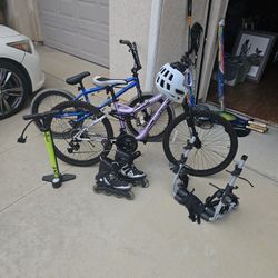 Boy BMX & Girl 21-Speed Mountain Bikes With Bike Rack & Rollerblades