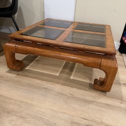 Vintage Ming-Style Burl Wood Coffee Table w/ Glass Panels - Chinoiserie Design