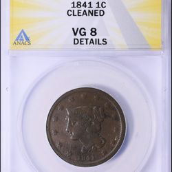 1841 Large Cent – VG 8 Details (Cleaned)