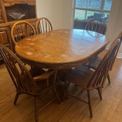 Solid Oak Dining Set - Table, 6 Chairs, Hutch & Sideboard