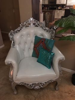 Hollywood Regency White and silver leather arm chairs