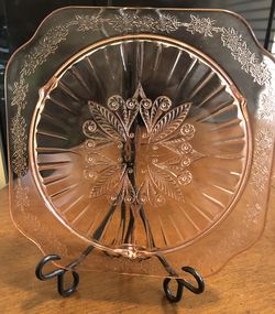 Jeanette Adam Pink Depression Glass Square Footed Cake Plate 9 7/8" Vintage