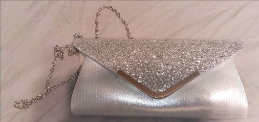 Silver Glitter Envelope Clutch with Chain Strap