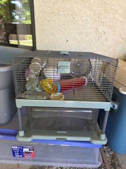 Hamster cage, snacks, food and bedding and more!