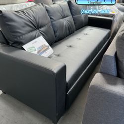 New Black Leather Sofa Couch With Leg Rest 