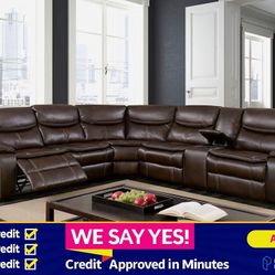 FINANCE TODAY! Brown Breathable Leatherette Couch Sofa Recliner With Cup Holders & Console