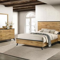 Four piece queen bedroom set with queen bed frame dresser mirror and nightstand