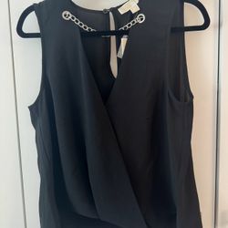 Michael Kors Black Faux Wrap V-Neck Blouse with Chain, Size Medium