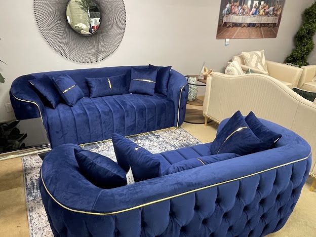 Paris Navy Velvet Sofa & Loveseat Living Room Set / 2pc Couch