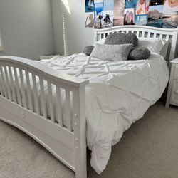 Full Size Wood Bed Frame w/ Mattress -  White