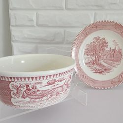 VERY RARE PINK CURRIER & IVES GRAVY BOWL IN EXCELLENT CONDITION WITH UNDERPLATE