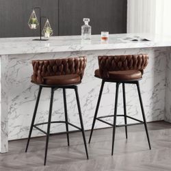 Modern Bar Stools Set of 2, 30" Bar Height Barstools, 180° Swivel Suede Fabric Stool Chairs with Woven Back and Footrest for Kitchen Island, Cafe, Pub
