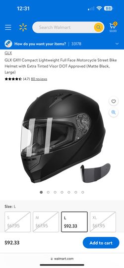 GLX GX11 Full Face Motorcycle Helmet - Matte Black, Large, DOT Approved With Tinted Visor