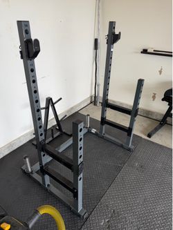 Adjustable Steel Squat Rack Stand w/ J-Hooks, Safety Arms, Gray/Black Floor