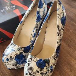 Show Story Platform Skull And Blue Roses Spine/ Spike Heels Size 41 / 10 In Great Condition 