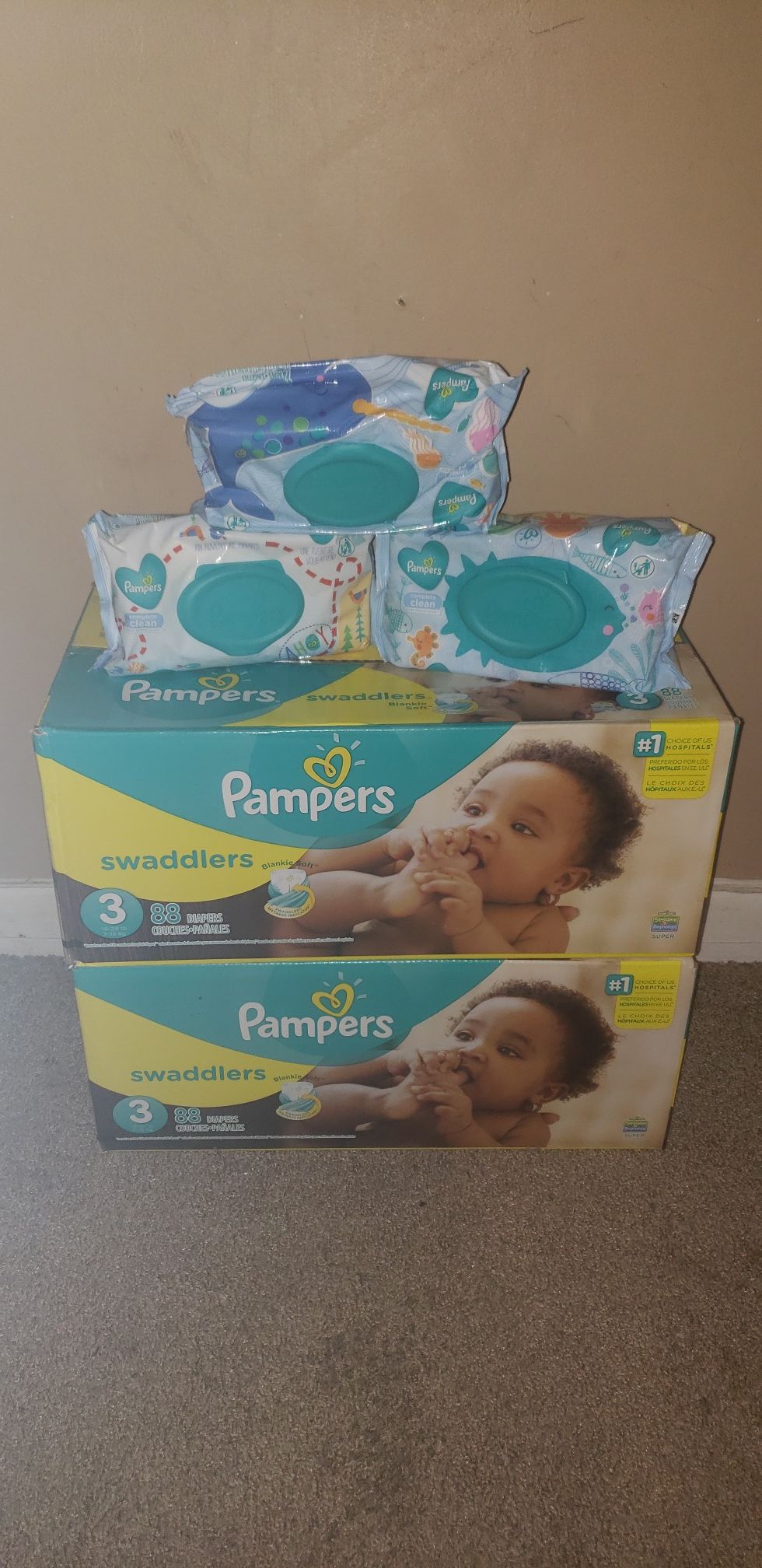 $45.00 (2/88 Pampers Swaddlers3/73)2 Pampers wipes)