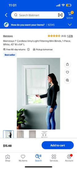 Mainstays 1" Cordless Vinyl Light Filtering Mini Blinds 43" W x 64" L 