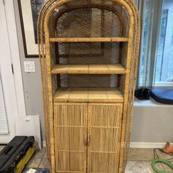Vintage Mid Century Bohemian Boho Wicker Rattan Split Bamboo 2 Door Storage Bookshelf Stand
