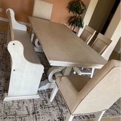 Wood extendable dining table , bench and 4 chairs. Moving! Must go! Best offer