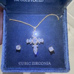 14k plated gold zirconia Cross Necklace and Earring Set