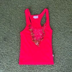 Y2K red tank top with brown ruffled trim and silver studs #y2k #festival