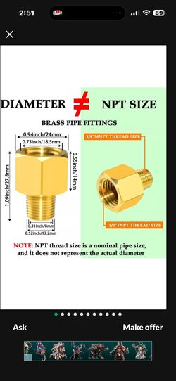 NEW Brass Pipe Fitting Reducer Adapter 1/4 Male NPT Pipe x 1/2 Female NPT.  One (1) for $ 5. Or Two (2) for $ 8.