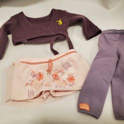 American Girl Isabelle wrap sweater, sparkly skort, purple tights good condition