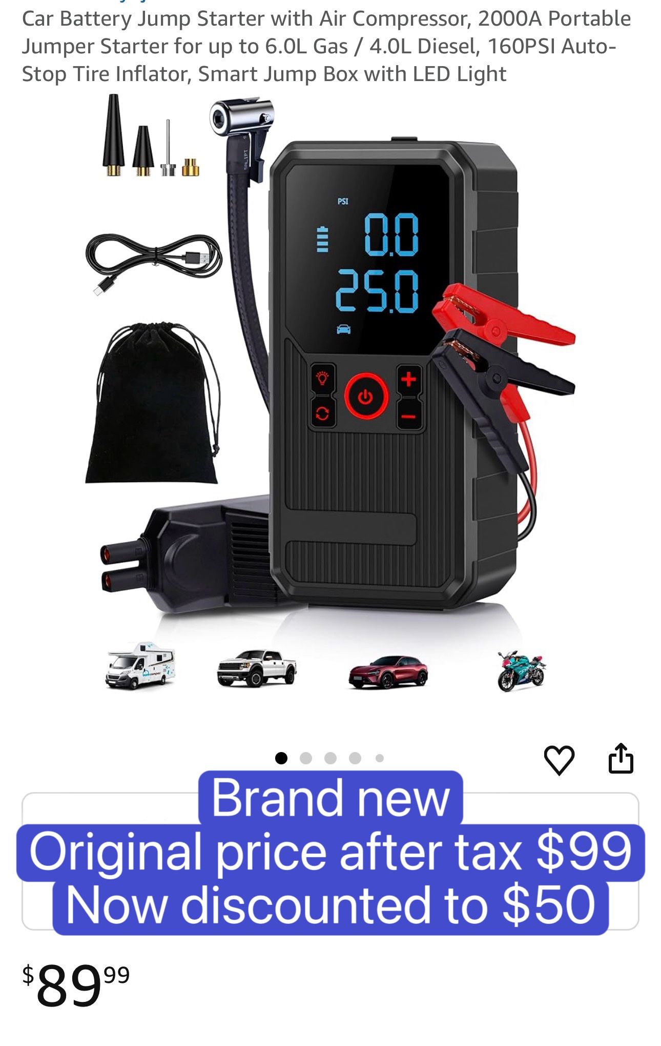 Car Battery Jump Starter with Air Compressor, 2000A Portable Jumper Starter for up to 6.0L Gas / 4.0L Diesel, 160PSI Auto-Stop Tire Inflator, Smart Ju