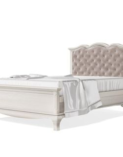 Romina Solid Wood Full Bed – Tufted Upholstered Headboard – Pearl/Silver
