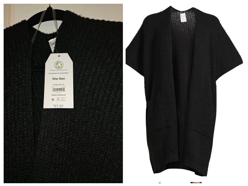 Womens One Size Black Ribbed Sweater Cape
