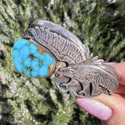 Sterling Turquoise Eagle Bracelet Vintage Signed 