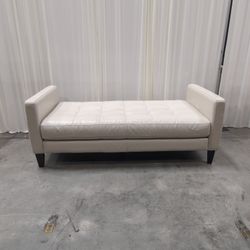 Cream Leather Tufted Bench with Arms