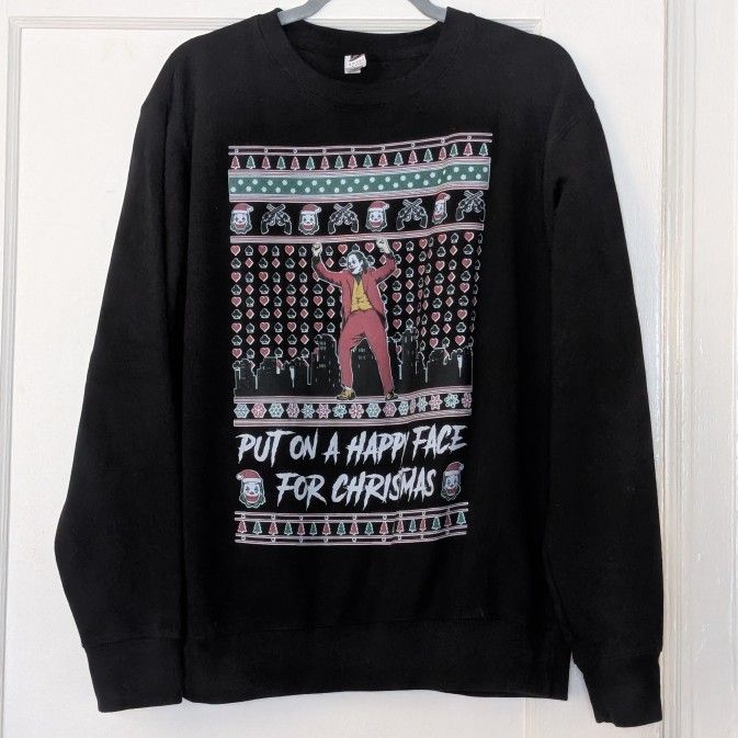 Joker from DC Batman Crewneck Pullover Sweater Men's Size Medium Put on a Happy Face for Christmas