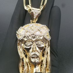 14k Gold Filled Gigantic Figaro Chain, With Oversized Jesus Face Pendant.