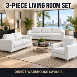 Brand-New White Sofa, Loveseat & Chair Set – Complete 3-Piece Set