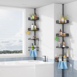 New HAMITOR Corner Shower Caddy Tension Pole: Quick Installation 4-Tier Rustproof Bathroom Organizer Shelves for Bathtub Shampoo Storage - 47-121 inch