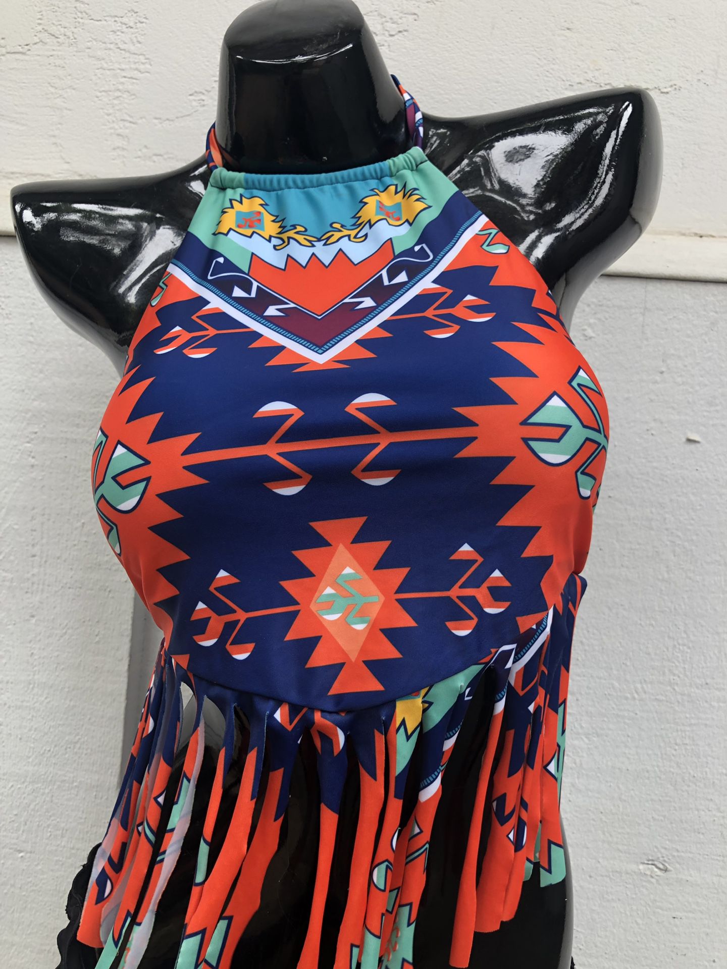 Lg/XL- Orange/ Blue Geo- Print Fringe Bikini Top: swimsuit, swimwear, summer