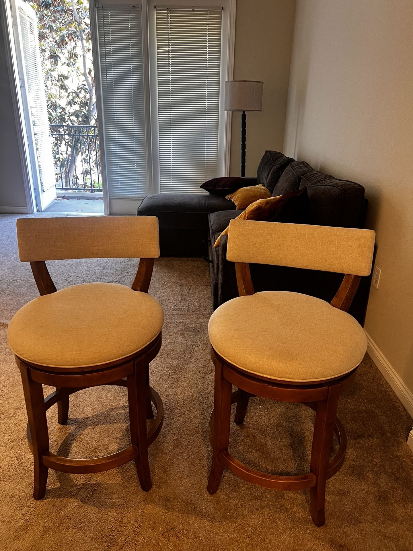 Luxury Real Wood Swivel Bar Stools – Set of 2. Beige Upholstery