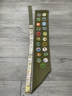 Vintage 1980s Boy Scouts of America Merit Badge Sash and Metal Merit Badge Belt