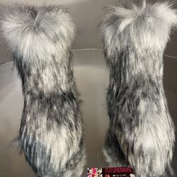 Silver Vegan Fur Boots Sizes 8.5,9,9.5,10,10.5,11 (message True Size To Order)