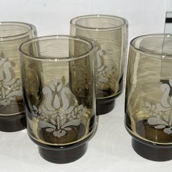 Vintage Pfaltzgraff Village Smoky Brown Etched Glasses Tumblers Set of 4
