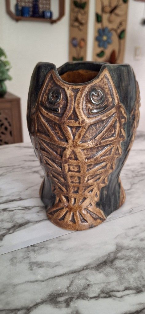 6" 3 Sided 3 Faces Owl Vase Pottery Vase