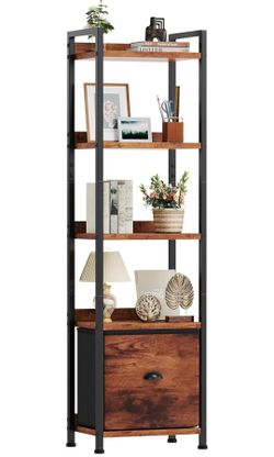 DUMOS 5 Tier Bookshelf with Fabric Drawer, Tall Industrial Bookcase Shelf, Narrow Display Standing Shelf, Wood and Metal Storage Organizer in Bedroom,